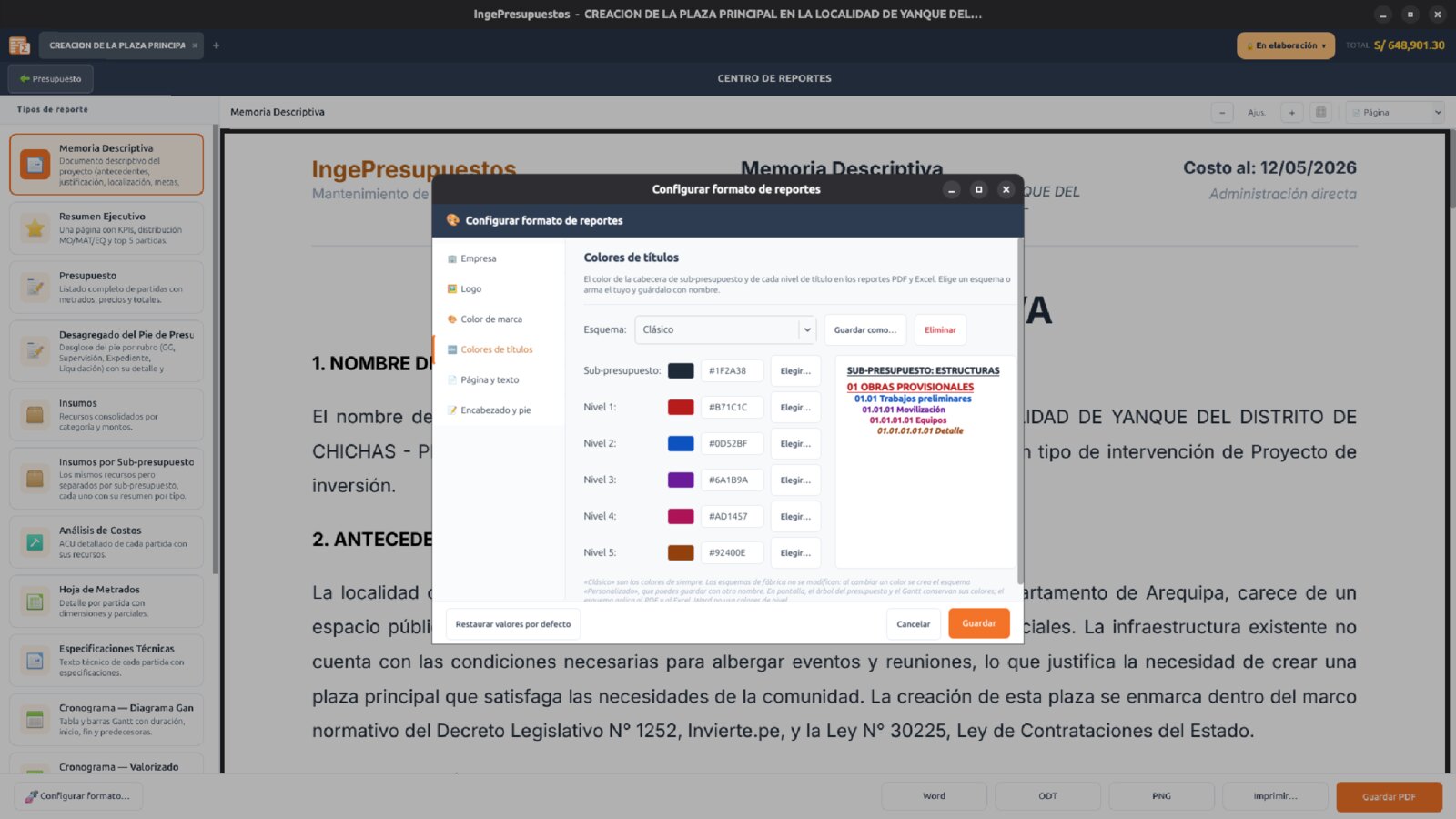 Esquemas de colores para los títulos de los reportes en IngePresupuestos 3.0.8, con vista previa por nivel