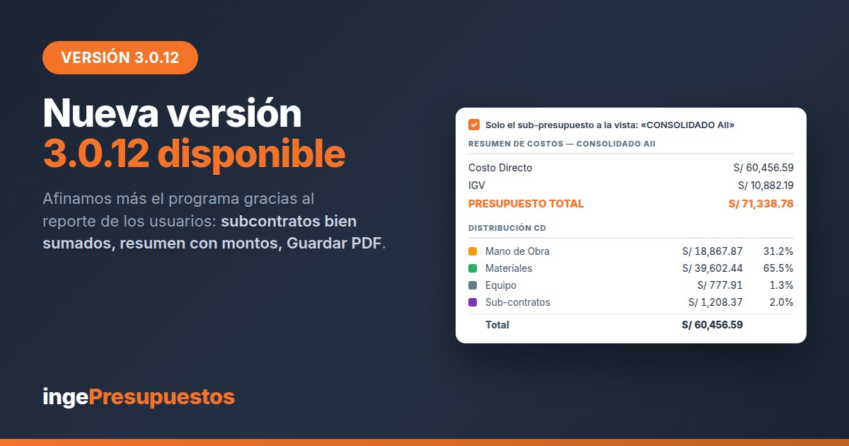 IngePresupuestos 3.0.12: subcontratos bien sumados, resumen por sub-presupuesto, vista previa con Guardar PDF y un Gantt con las columnas que elijas