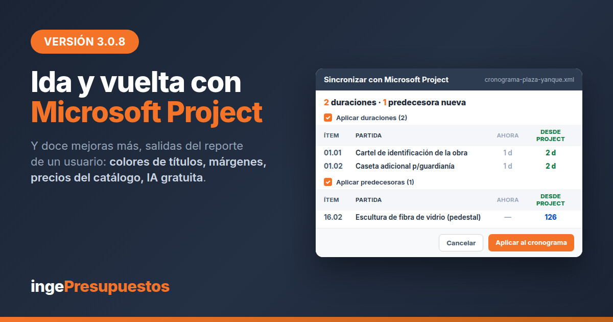 IngePresupuestos 3.0.8: ida y vuelta con Microsoft Project y doce mejoras salidas del reporte de un usuario