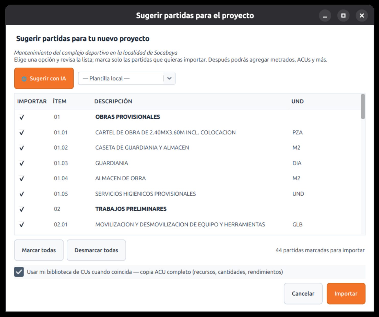 Sugerir partidas con IA en IngePresupuestos: se escribe el nombre del proyecto y la IA propone la estructura de partidas